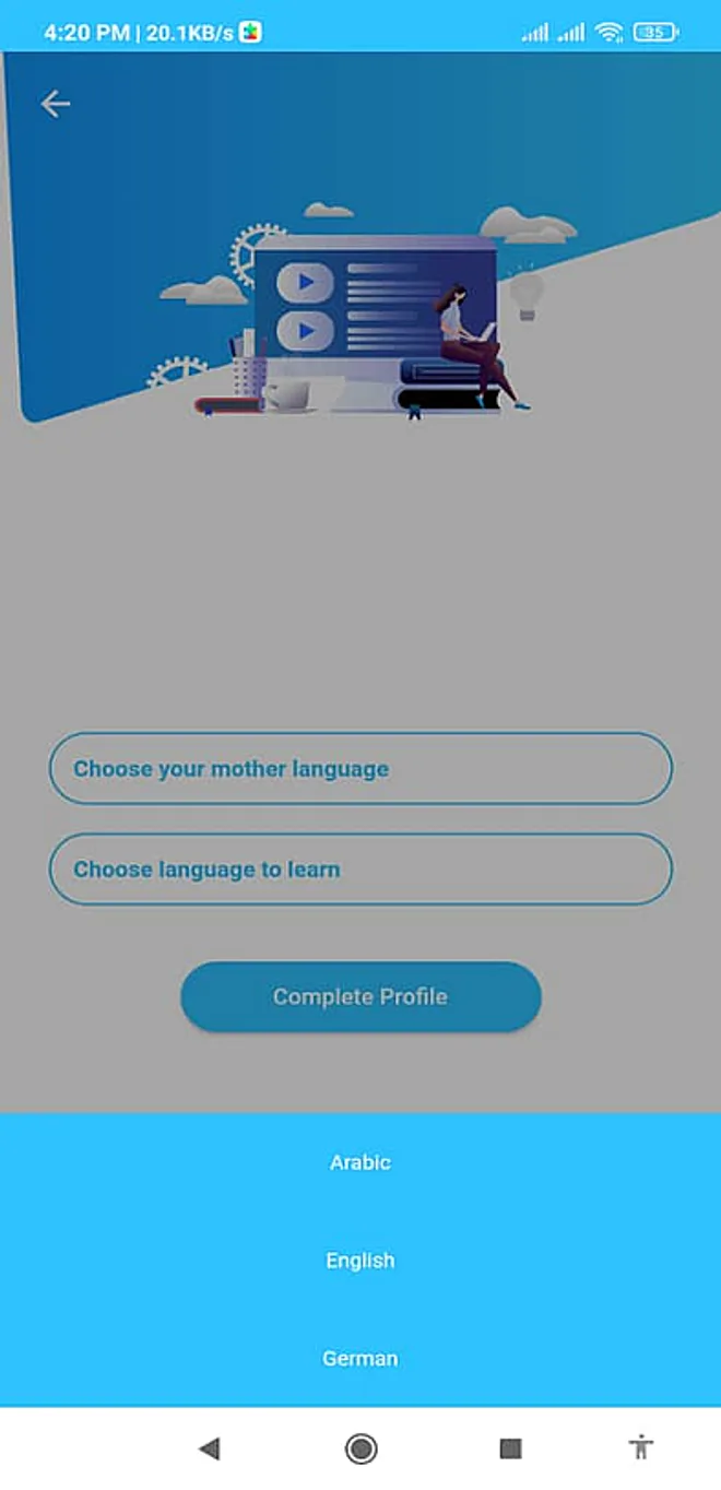 Vilmo app screen: vocabulary and grammar practice from a scene